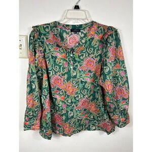 Caroll Paris Green Floral Paisley Cotton Blouse Women's XL Ruffled Feminine BOHO